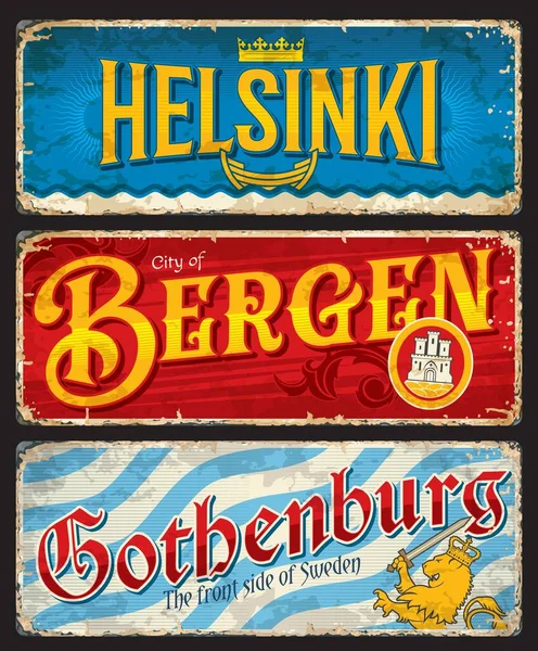 Helsinki Bergen Gothenburg City Travel Stickers Plates Vector Tin Signs — Stock Vector