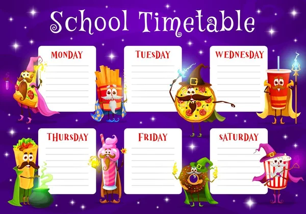 Weekly Timetable Schedule Fast Food Cartoon Wizard Mage Characters Vector — Stock Vector