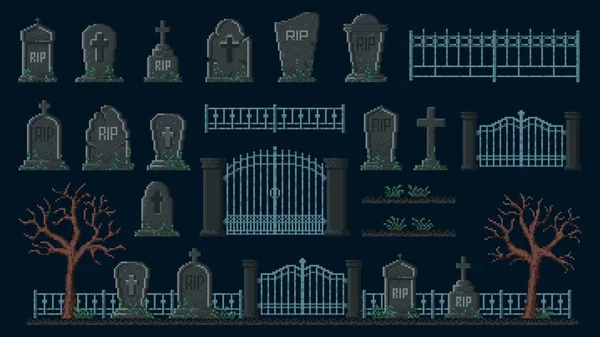Cemetery Bit Pixel Game Asset Gravestone Fence Graveyard Halloween Landscape — Stock Vector