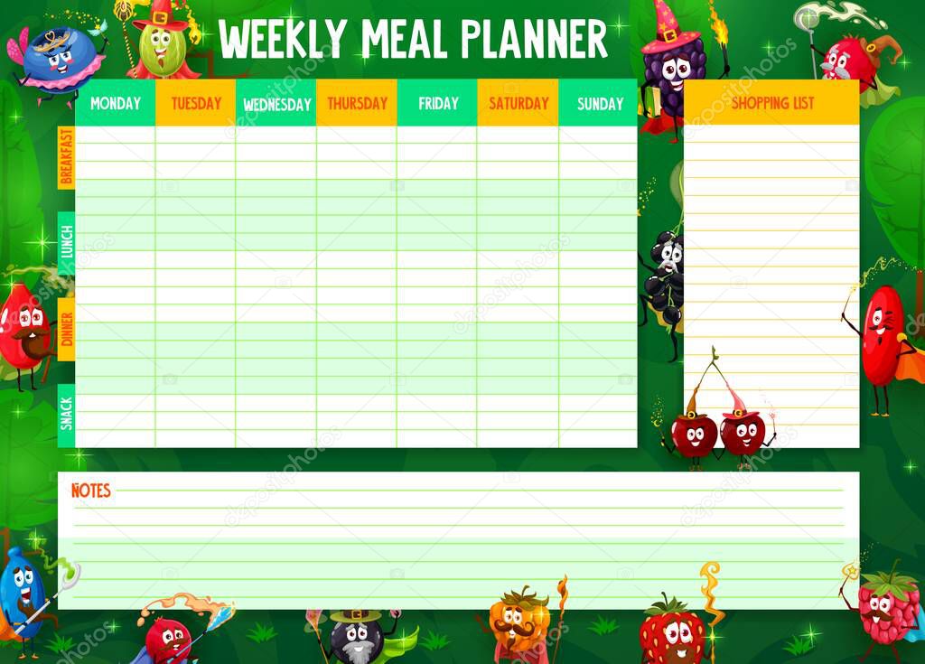 Weekly meal planner. Cartoon berry wizards, warlocks and witches. Healthy eating calendar, meals week schedule with blueberry, gooseberry and rosehip, honeyberry, blackcurrant, strawberry characters