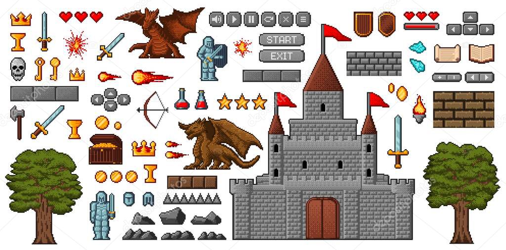 8bit pixel art game icons, medieval knight, dragon, castle and oak, coins and hearts, buttons and armor game interface items. Vector fantasy elements of RPG, isolated objects and sprites asset