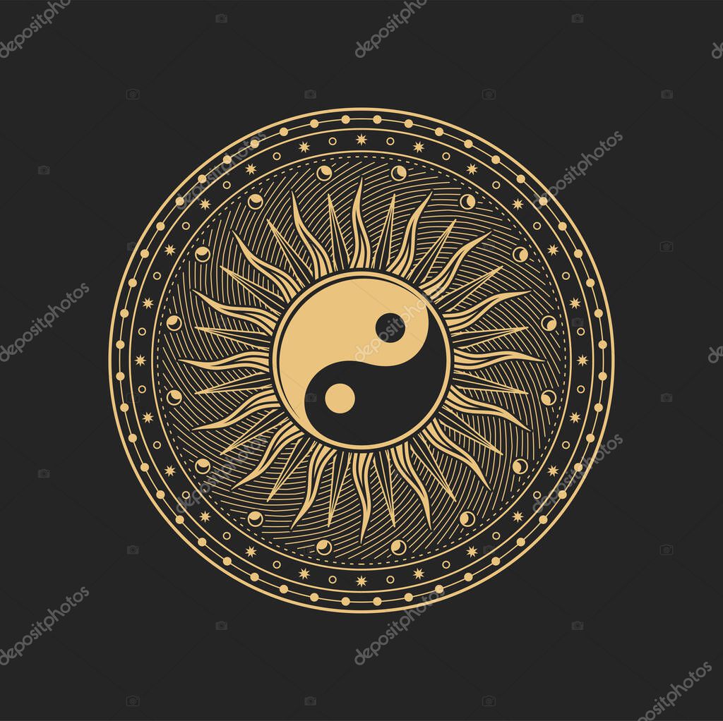 Occult esoteric symbol, Buddhism Yin Yang sign, vector sun and moon in golden circle. Tarot, magic and sacred, geometry or spiritual balance symbol of Bagua Yin Yang sign of Feng Shui and Zen Buddhism