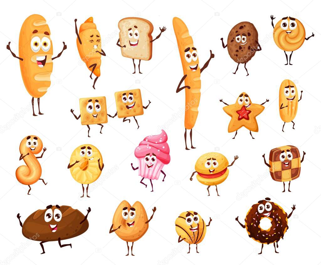 Bread, pastry and confectionery cartoon funny characters, vector bakery. Smiling bread loaf and pastry bagel, cookie and chocolate donut, toast, crackers, baguette and cupcake with biscuit, croissant