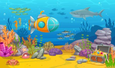 Underwater game landscape with submarine. Cartoon vector sea bottom with treasure chest, aquatic plants, coral reef, rocks and underwater animals. Ocean world with bathyscaphe, fish, shark and crab clipart