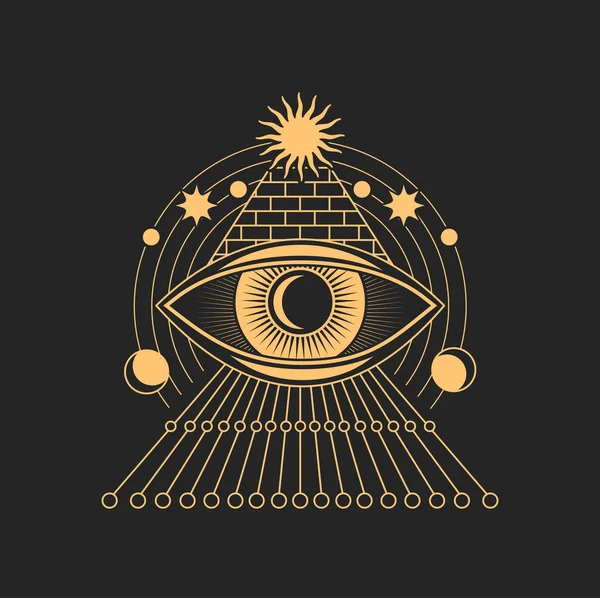 塔罗牌魔术符号 预言眼睛族裔护身符 有埃及金字塔的矢量纹身眼 月亮和星星 隐身术的视觉符号 部落都看得见的眼睛 — 图库矢量图片