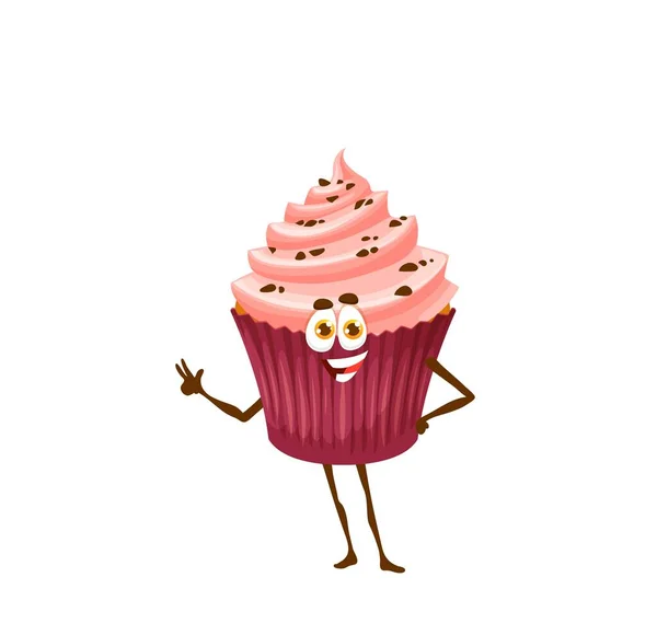 漫画陽気なラズベリーカップケーキのキャラクター 隔離されたベクトルのお菓子ケーキやマフィンの子供たちは クリームの渦とチョコレートスプリンクルを持つメニューの性格 ペストリーやパン屋のデザート 面白いパティスリーパイ — ストックベクタ