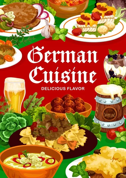 German food dishes, Germany cuisine restaurant menu cover, vector poster. German traditional launch and dinner food meals, schnitzel and curry wurst sausages, soups and salads with dessert and beer