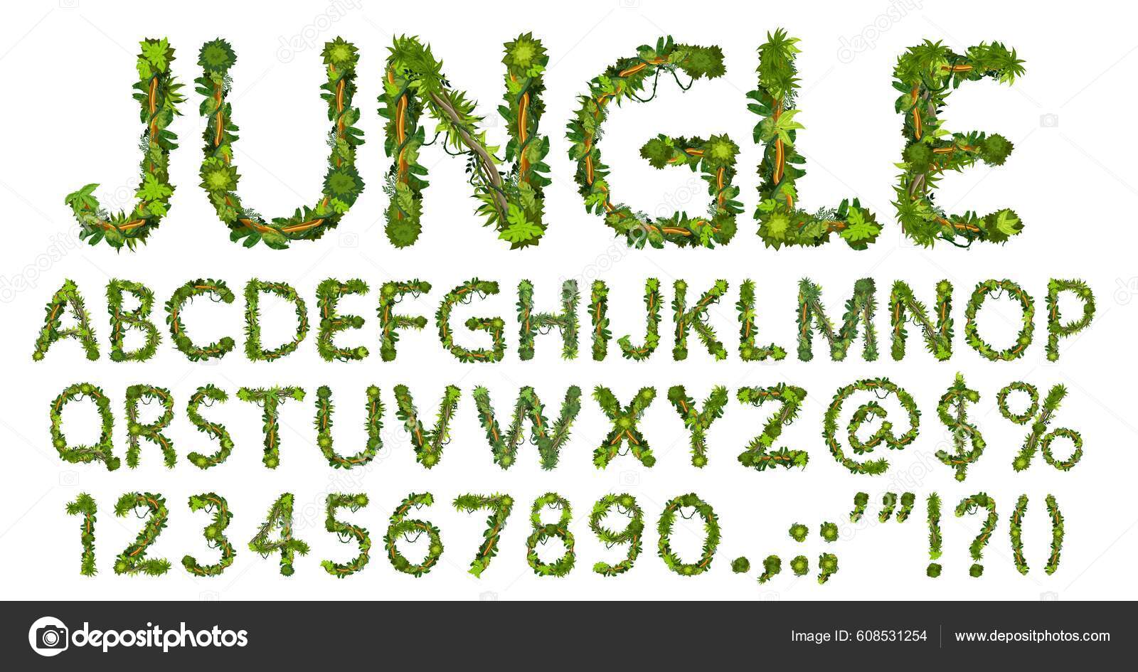 라이아나 글씨체 알파벳 벡터는 대문자 구두점 표시를 야자나무 가지를 상징하는 스톡 벡터 - ©VectorTradition  608531254