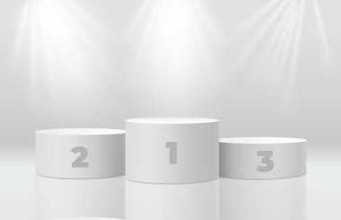 Spor sahnesi ya da kazanan kaidesi. Birinci, ikinci ve üçüncü sıra 3d vektör beyaz platform ve sporcu zaferi kutlamaları için spot ışığı, kozmetik ürün sunumu arka planı
