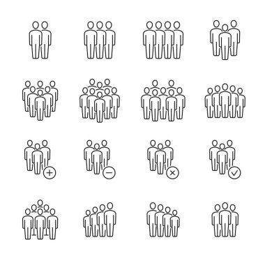 İş ekibi, topluluk, toplum, grup simgeleri, vektör siluet sembolleri. Çalışma ekibi üyeleri veya ofis çalışanları, sosyal iletişim kontrolü, örgüt üyeleri için tabelalar ekleme ve silme