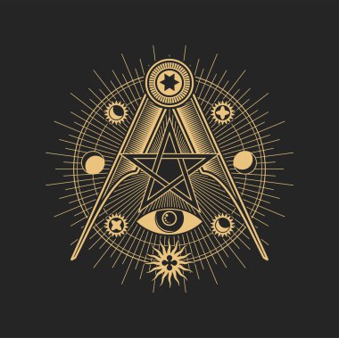 Mason işareti, gizemli, ezoterik göz ve pusulaların sembolü, masonik illuminati vektör çemberi. Mason ve Freemason altın yıldız işareti ve göksel güneş ve ay ile piramit, tarot sembolü