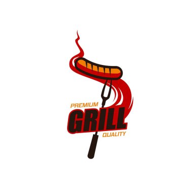 Biftek ya da domuz eti sosisi ve ateş dumanı ile ızgara vektör barbekü çatalı ikonu. Bbq restoranı, açık hava yaz partisi ya da ızgara bar. Kızarmış et ve barbekü aletleriyle izole edilmiş sembol.