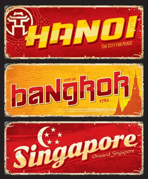 Hanoi Bangkok Singapore Stads Reseskyltar Och Bagage Taggar Vektor Klistermärken — Stock vektor