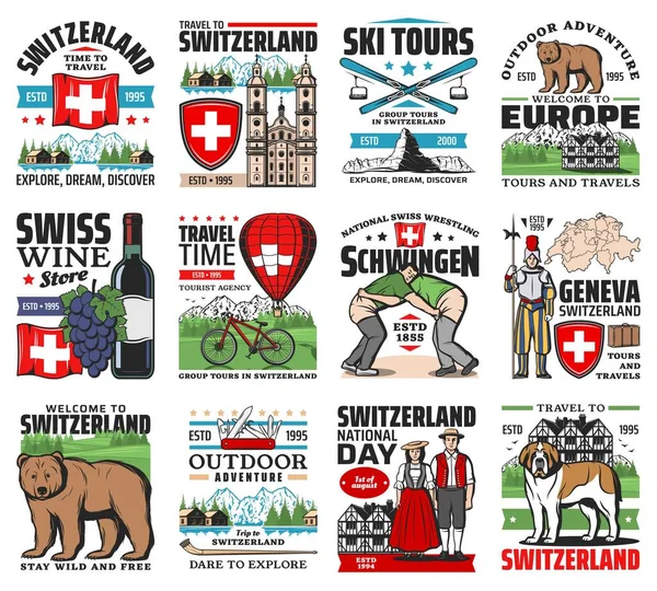 Die Schweiz Reisesehenswürdigkeiten Kultur Symbole Symbole Bär Bernhardinerhund Und Schweizer — Stockvektor