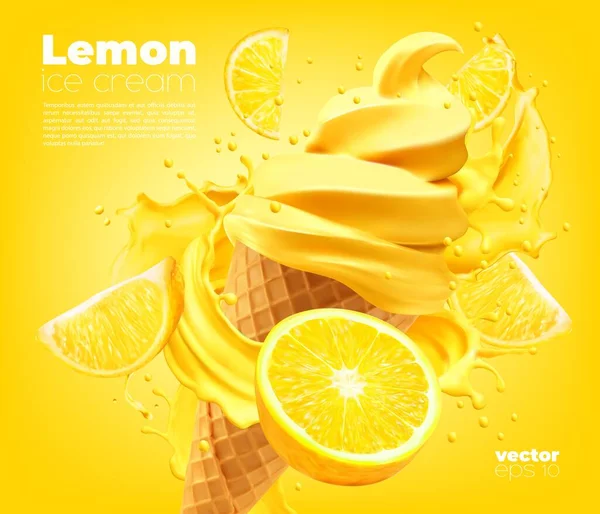 Citrus Lemon Soft Ice Cream Cone Splash Yellow Syrup Juicy — Stock Vector