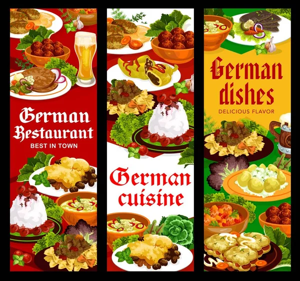 German cuisine food banners, dishes and restaurant meals, vector lunch and dinner. German traditional food schnitzel and curry wurst sausages, beer, pancakes and casserole with meat and potato