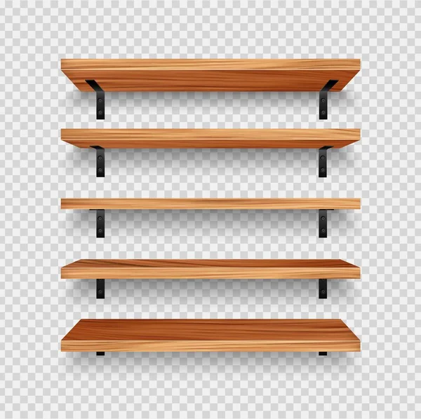 Wooden Store Shelf Realistic Vector Empty Planks Black Wall Mount — Stock Vector
