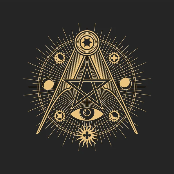 メイソンサイン 眼とコンパスのオカルト密教五角形のシンボル マゾニックイルミナティベクトル円 天の太陽と月と星とピラミッドのメイソンとフリーメイソンの金の記号 タロット記号 — ストックベクタ
