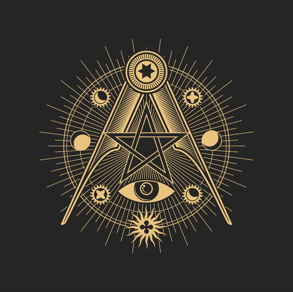 Mason sign, occult esoteric pentagram symbol of eye and compasses, masonic illuminati vector circle. Mason and freemason gold sign of star and pyramid with celestial sun and moon, tarot symbol