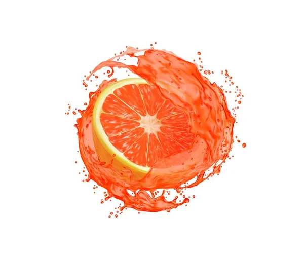 Grapefruktskiva Med Saftstänk Tropisk Frukt Saftig Dryck Realistisk Vektor Spill — Stock vektor