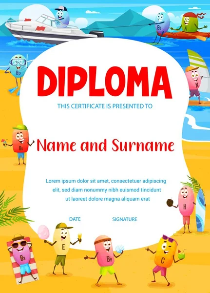 Diploma Bambini Cartoni Animati Personaggi Vitaminici Sulla Spiaggia Diploma Scuola — Vettoriale Stock