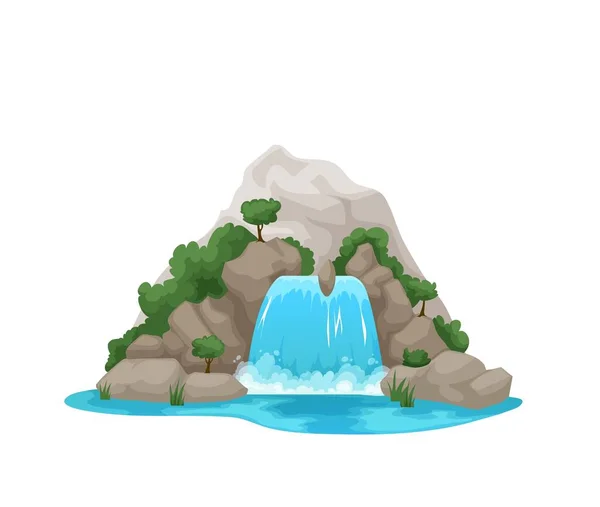 Cartoon river waterfall with forest trees, isolated water cascade. River clean stream travel background, falling from cliff waterfall or natural water cascade vector game asset with jungle lake