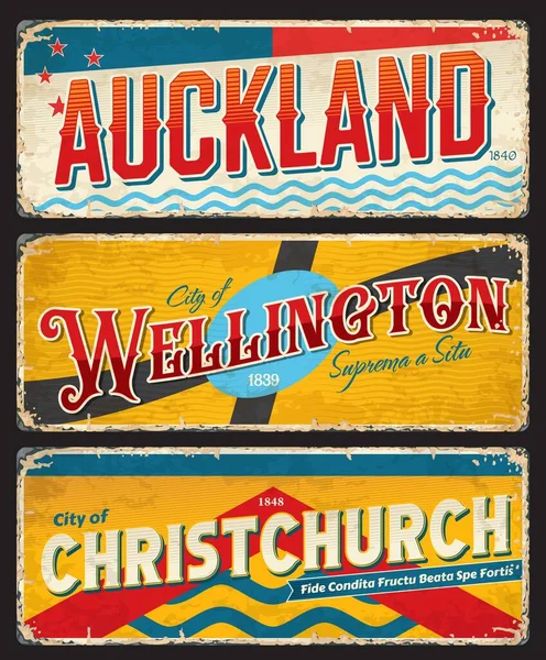 Auckland Christchurch Wellington Nieuw Zeelandse Reisstickers Vector Vintage Borden Nieuw — Stockvector