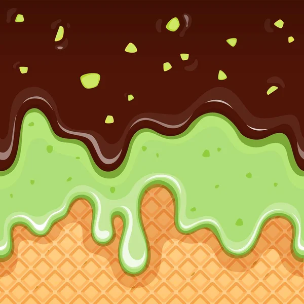 Chocolate Pistachio Ice Cream Waffle Seamless Pattern Vector Background Sweet — Stock Vector