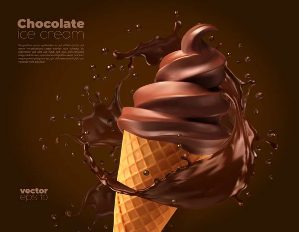 Choklad Glass Dessert Kon Med Stänk Vektor Realistisk Annons Med — Stock vektor