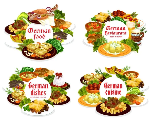 German cuisine food dishes, lunch and dinner meals, vector restaurant menu. German traditional food schnitzel and curry wurst sausages, meat casserole with vegetables, potato and apple pancakes