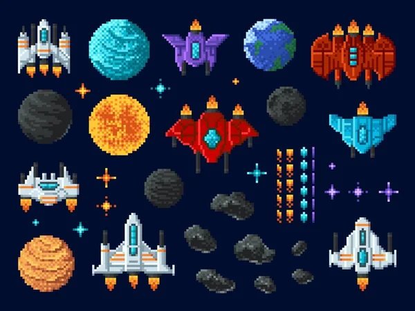 Arcade Shooter Bit Pixel Art Game Space Invaders Alien Ufo — Stock Vector