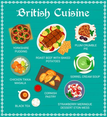 İngiliz mutfağı menüsü. Erikli turta, siyah çay ve Cornish pastası, çilekli tatlı Eton Mess, patatesli biftek ve tavuk Tikka Masala, Sorrel kremalı çorba, Yorkshire pudingi.