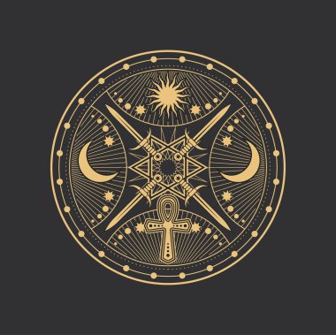 Okült ezoterik pentagram, kılıçlı sihirli tarot ankh sembolü, vektör çemberi. Pentagram simya, gizemcilik ve okültizm ayininin sembolü güneş, gök gezegenlerindeki ay dairesi ve hançerler.