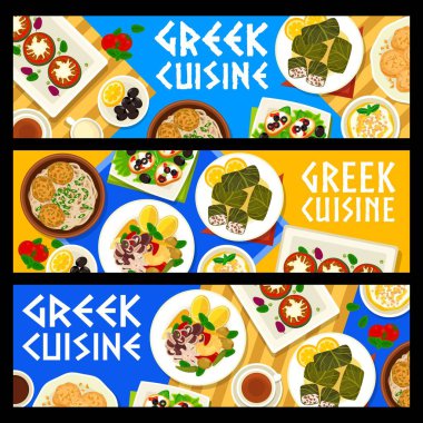 Yunan mutfak vektör pankartları. Et dolmas ile doldurulmuş üzüm yaprakları, keftedes ile spagetti, domates ve feta crostini. Ballı kurabiyeler melomakarona ve Yunanistan 'ın ahtapot salatası htapodi xidato yemeği