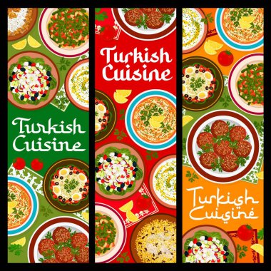 Türk mutfağı yemek afişleri. Çoban salatası, tavuk pilavı ve yeşil fasulye güveci, ızgara patlıcan salatası Baba ganoush, Çerkez tavuğu ve vermicelli çorbası, sos Tarator, bulgur Kofte