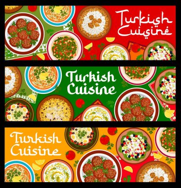 Türk mutfağı yemekleri ve pankartlar. Yeşil fasulye güveci, sarımsak sosu Tarator ve tavuk pilavı, salata Baba Ganoush, çoban salatası ve bulgur Kofte, Çerkez tavuğu, tavuk vermicelli çorbası.