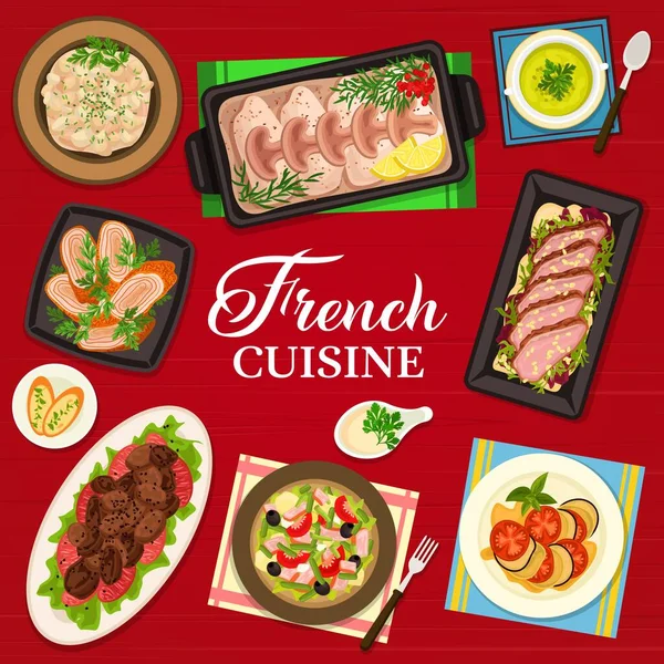 French Cuisine Restaurant Menu Cover Pan Fried Liver Cod Bechamel — Stock Vector