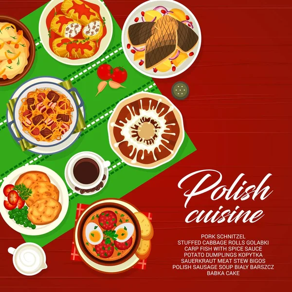 Polish Cuisine Menu Cover Sauerkraut Meat Stew Bigos Schnitzel Coffee — Stock Vector