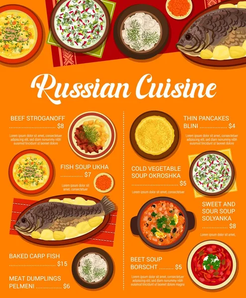 Menu Kuchni Rosyjskiej Tradycyjnymi Daniami Posiłkami Plakat Restauracji Wektorowej Lunch — Wektor stockowy