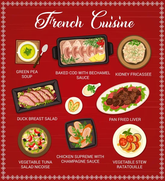 French Cuisine Restaurant Menu Baked Cod Bechamel Sauce Kidney Fricassee — Stock Vector