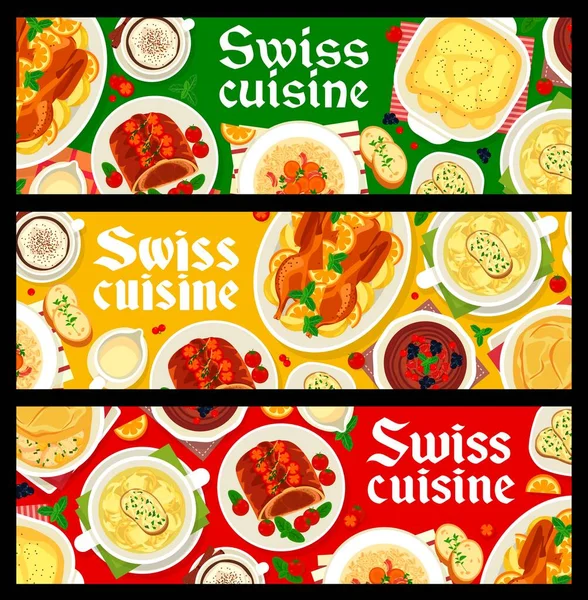 Švýcarská Kuchyně Menu Jídla Horizontální Banner Hovězí Rohlíky Kuřecí Pečivo — Stockový vektor