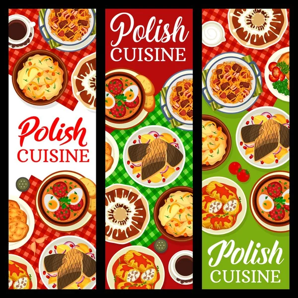 Polish Cuisine Restaurant Dishes Banners Soup Bialy Barszcz Stuffed Cabbage — Stock Vector