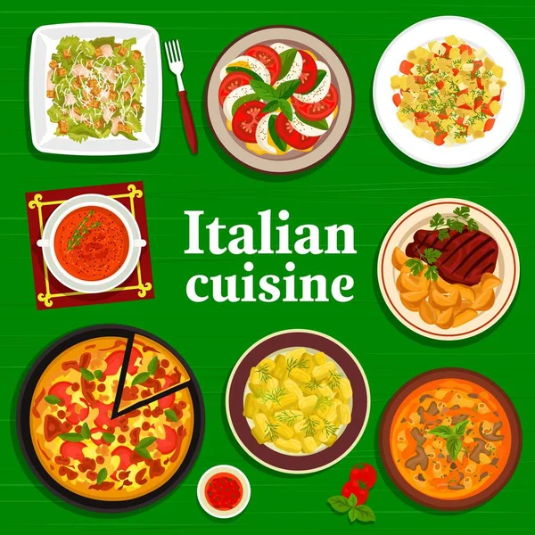 Italiaanse Keuken Restaurant Cover Pagina Tomatenroom Champignon Minestrone Soepen Groente — Stockvector