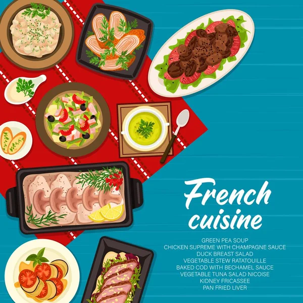 French Cuisine Restaurant Food Menu Cover Vegetable Tuna Salad Stew — Stock Vector
