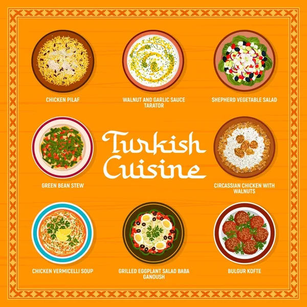 Türkische Küche Restaurant Speisekarte Chicken Pilaf Walnuss Knoblauch Sauce Tarator — Stockvektor