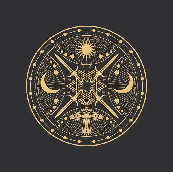 オクカルト密教の五角形 剣と魔法のタロットアンクのシンボル ベクトルサークル 錬金術の五旬節のシンボル 太陽と密教儀式 天体の円と儀式の短剣で月 — ストックベクタ