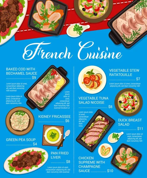 French Cuisine Meals Menu Template Baked Cod Bechamel Pan Fried — Stock Vector