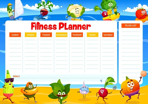 Horário Semanal Agenda Planejador Fitness Com Legumes Desenhos Animados Praia —  Vetores de Stock