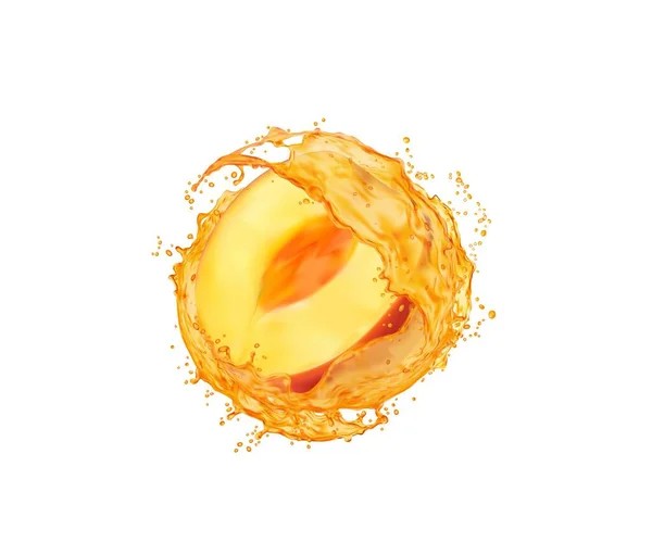 Peach Fruit Slice Juice Splash Healthy Drink Swirl Whirl Droplets — Stock Vector