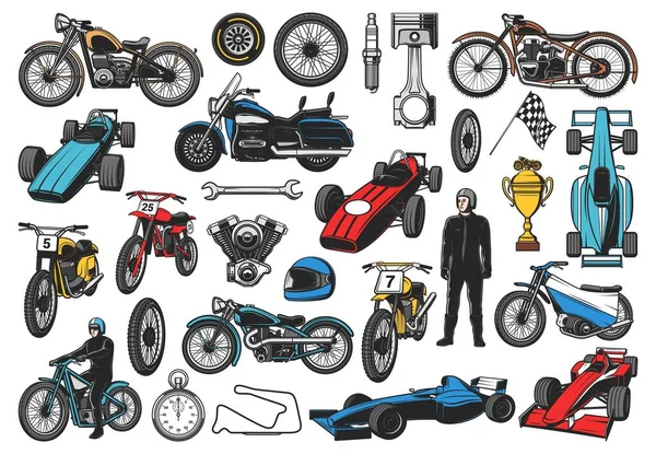 レーシングスポーツバイク ボライドやレーサー車 高速道路のオートバイやモトクロスベクトルアイコン スポーツレース車両や部品 エンジンバルブピストン 統計やフィニッシュフラグと勝利カップとレーサーヘルメット — ストックベクタ